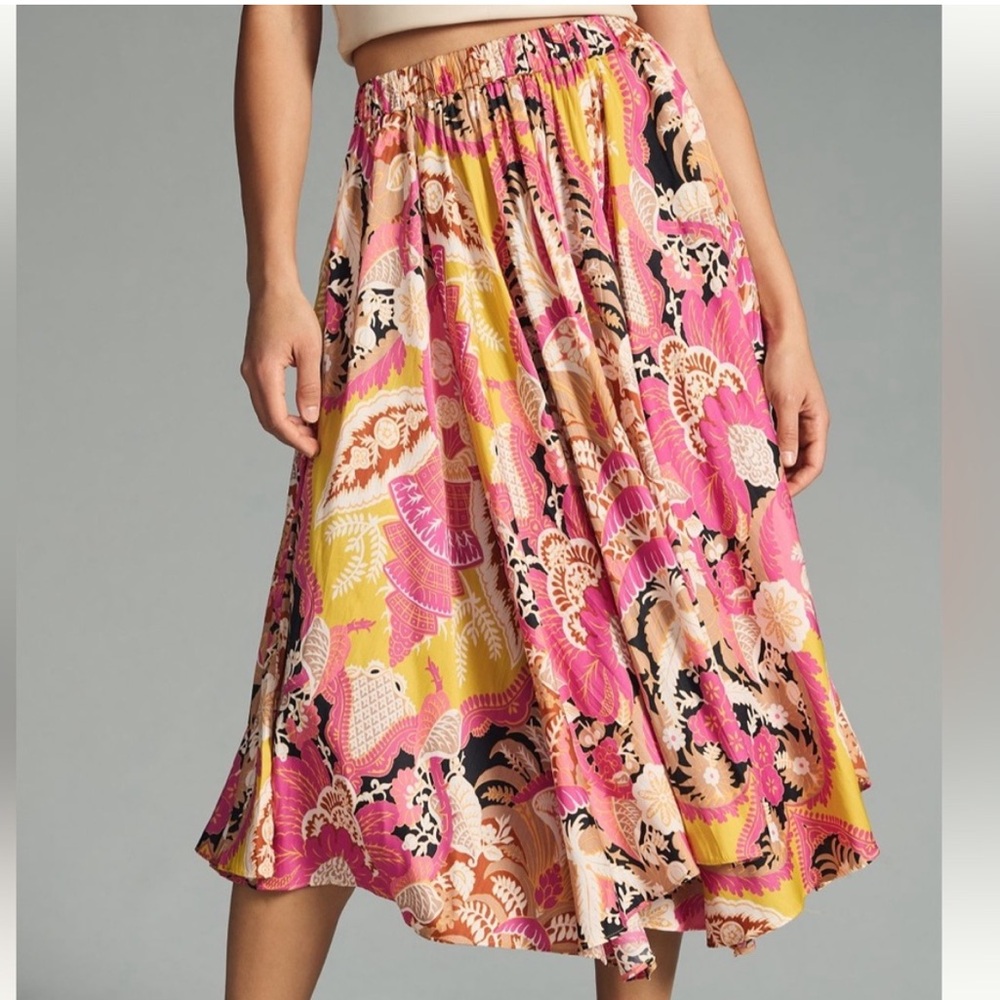 Anthropologie NWT Pink and Yellow Floral Midi Skirt Size Medium